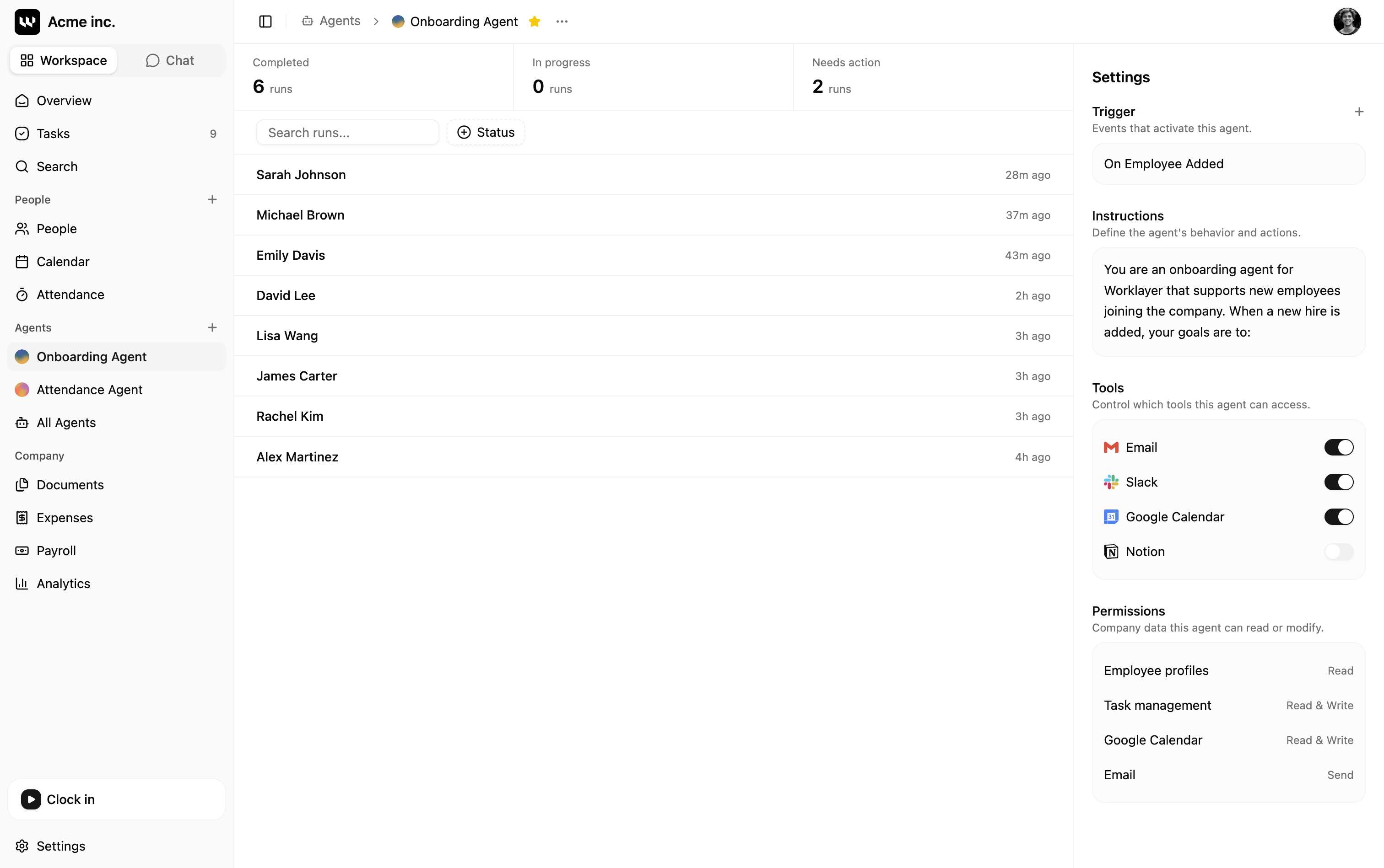 Worklayer agent dashboard showing an onboarding agent's runs and settings
